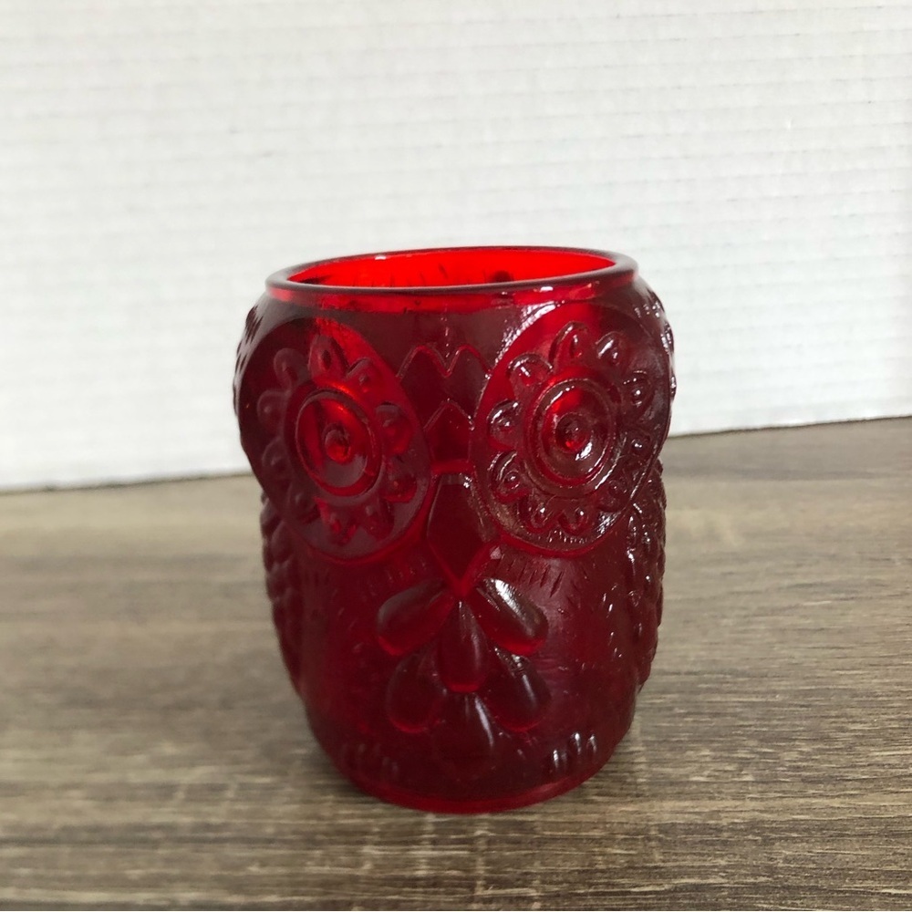 Vtg Ruby Glass Owl Votive Holder